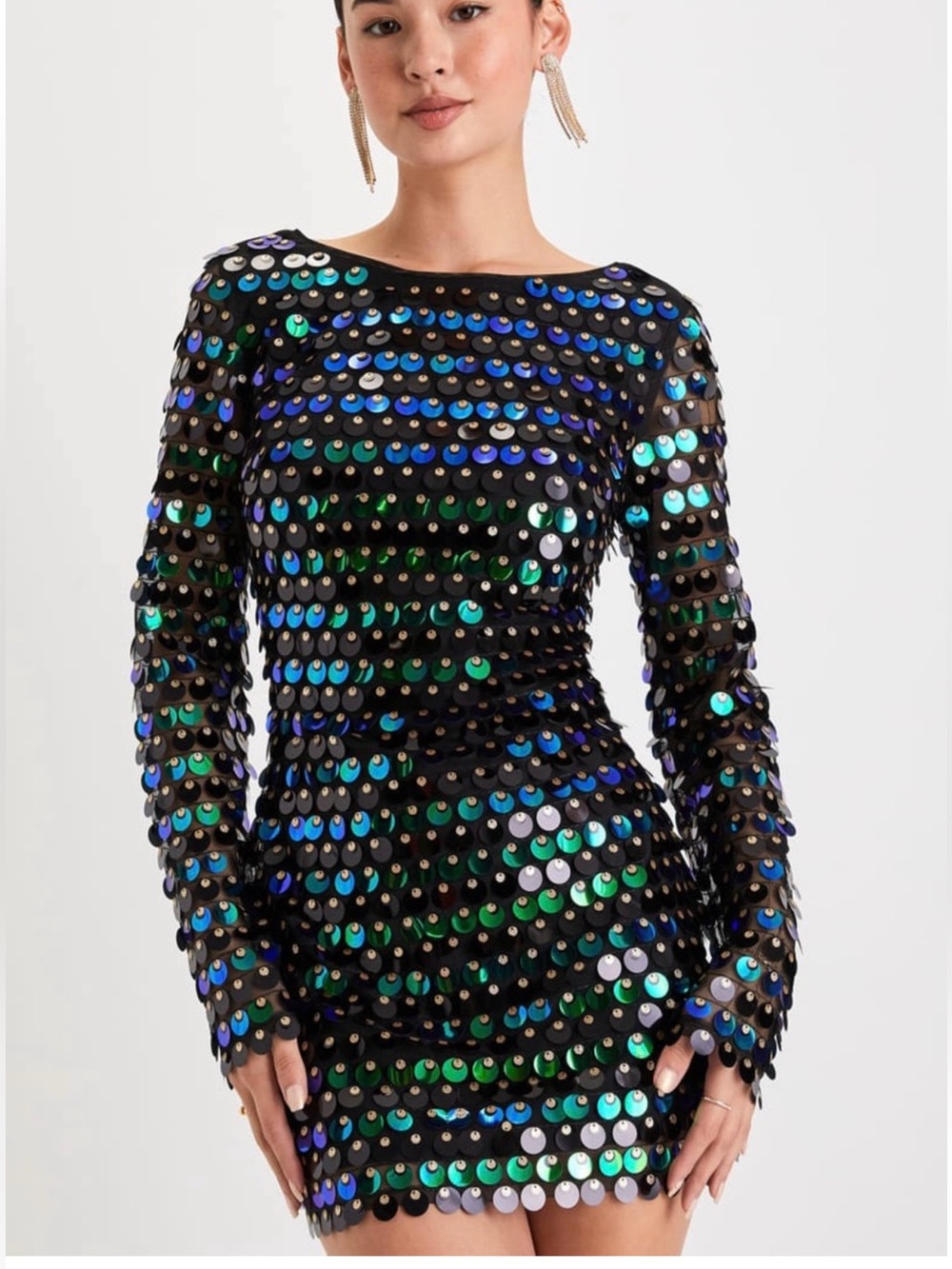 NWT Lulus Exceptional Radiance Black Iridescent Sequin Backless Mini Dress Large